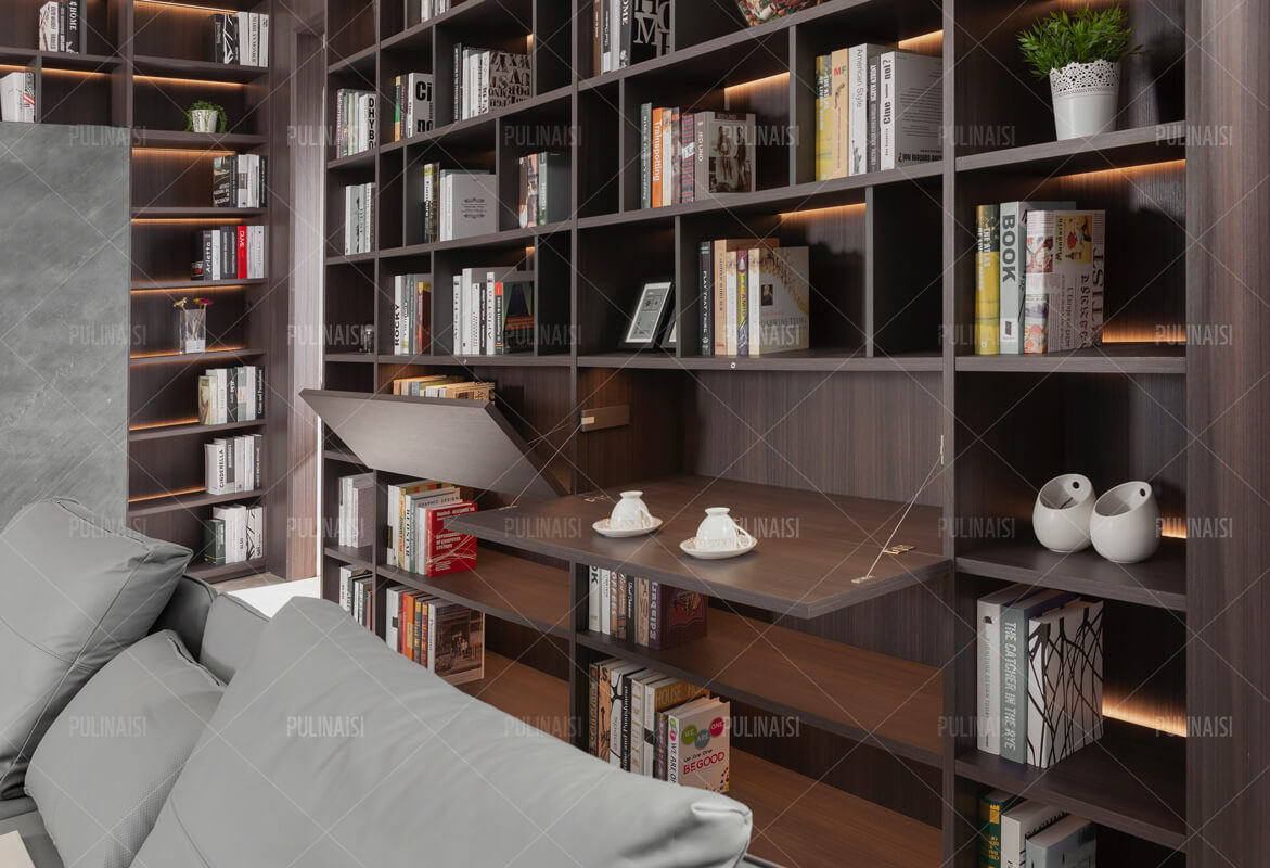 Full Wall Customize Bookcase With Sliding Conceal Design Backside Light System