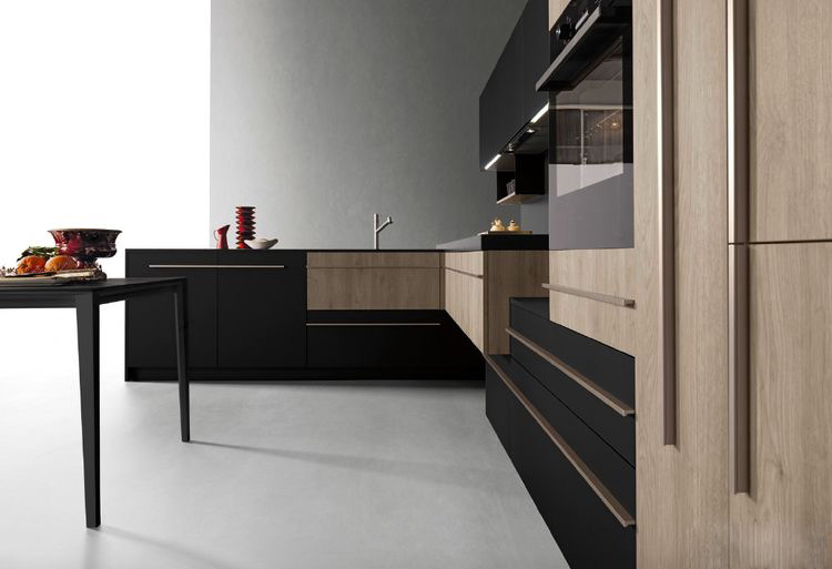 Minimalist Lacquer Kitchen Combine With Simple Gloden Handle Design
