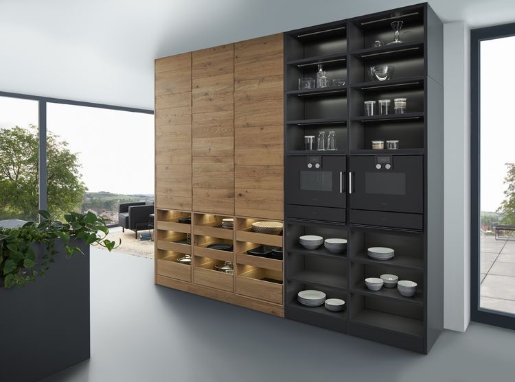 Natural Wood Veneer Kitchen Design With Dark Grey Lacquer Cabinets