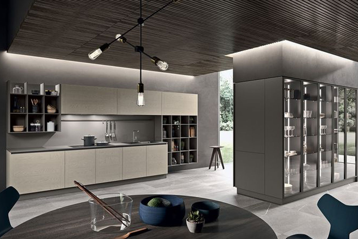 Smart Kitchen Design With Modern Mat Lacquer And Slim Frame Glass Door