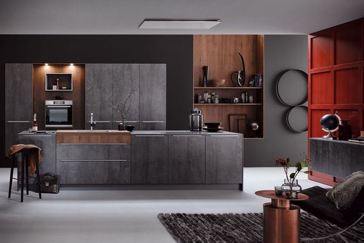 High End Stylish Dark Grey Ceramic Kitchen Cabinet Combine With Wooden Finished