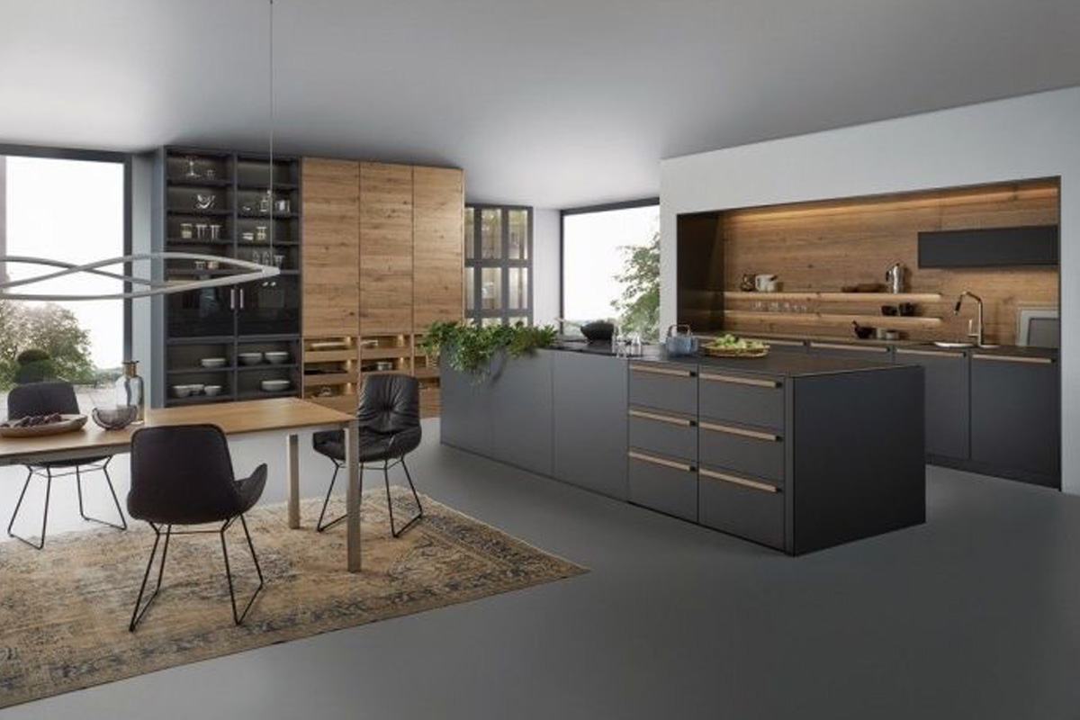 Natural Wood Veneer Kitchen Design With Dark Grey Lacquer Cabinets