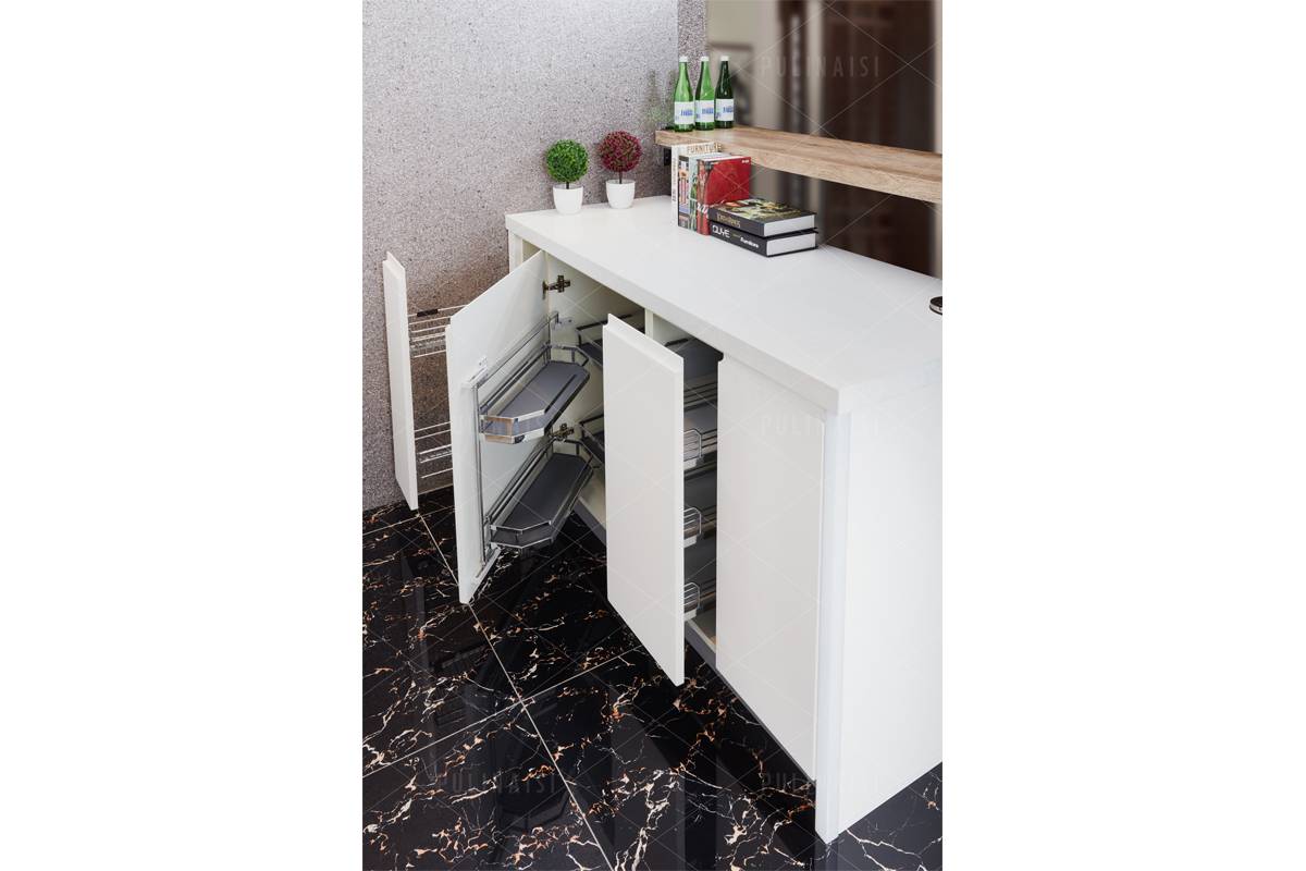 Economical Kitchen With Functional Accessories in Matt White Lacquer and Wooden Lamination