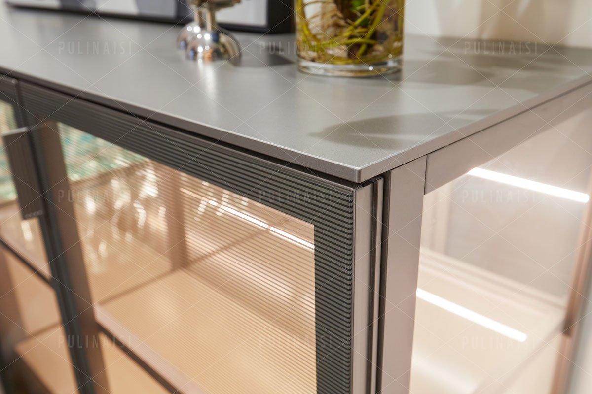 Linear Texture Glass with Aluminium Frame Storage Cabinet